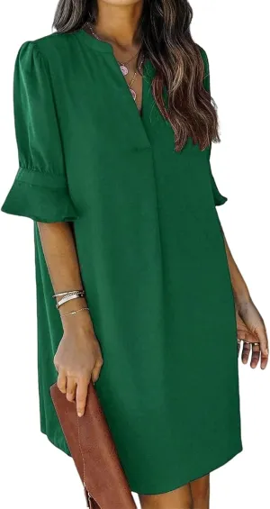 Summer Dresses for Women V Neck Ruffle Short Sleeve Casual Shift Mini Dress Loose Fashion Solid Color Dresses
