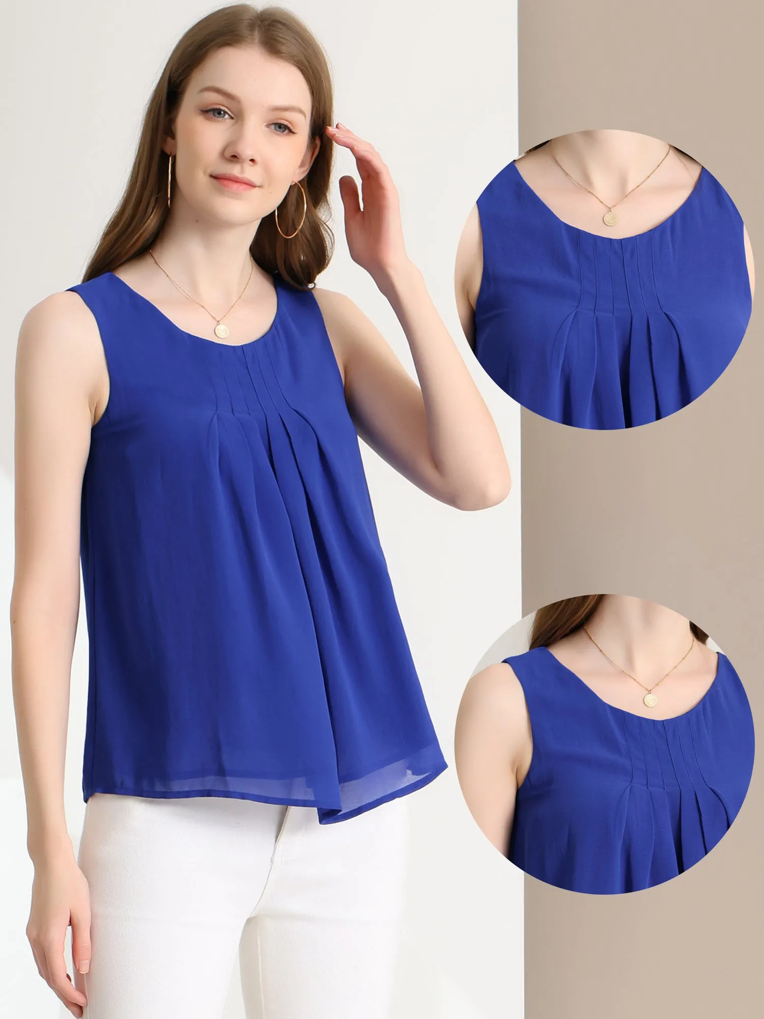 Tank Top Sleeveless Layering Pleated Front Lined Chiffon Blouse