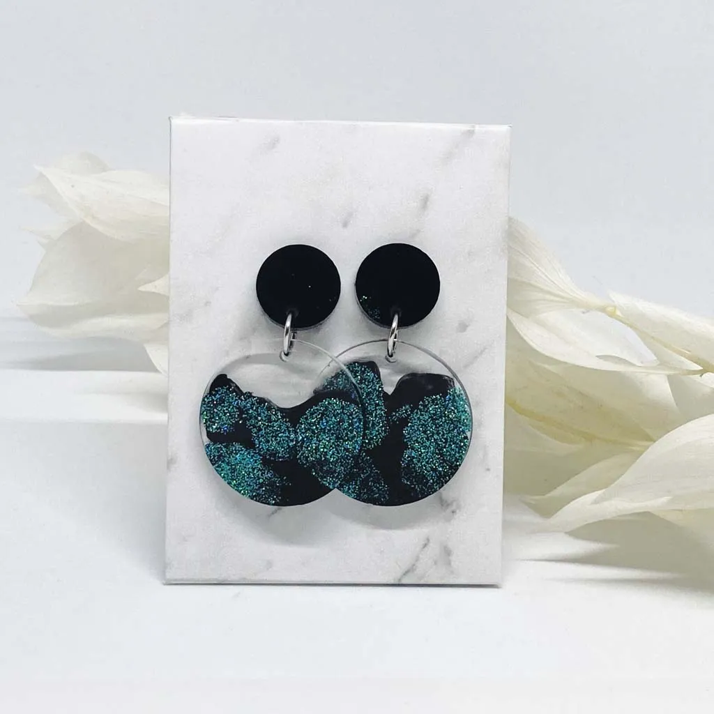Transparent Round Black and Green Glitter Earrings