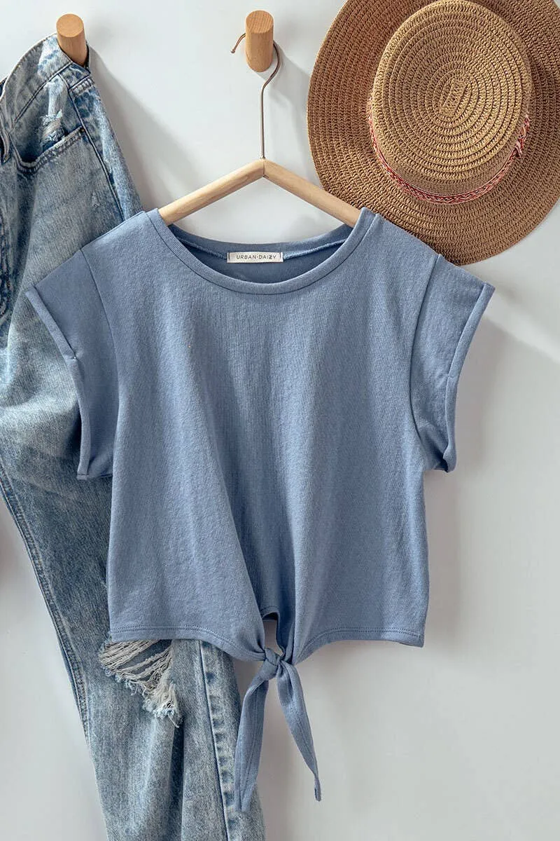 VINTAGE COTTON TIE FRONT CROPPED SHORT SLEEVE TOP