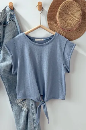 VINTAGE COTTON TIE FRONT CROPPED SHORT SLEEVE TOP