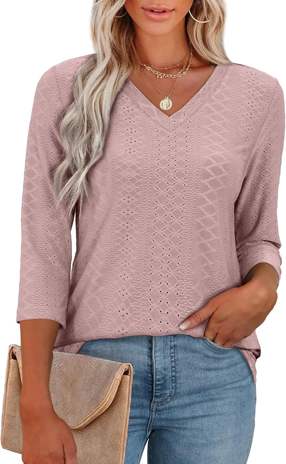WEESO 3/4 Length Sleeve Womens Tops V Neck Casual Flowy Tunic Tops Loose Fit Blouses Curved Hem Spring Summer Outfits