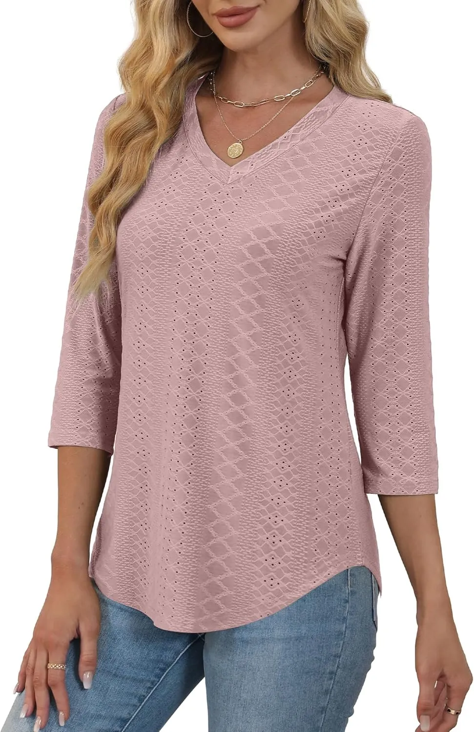 WEESO 3/4 Length Sleeve Womens Tops V Neck Casual Flowy Tunic Tops Loose Fit Blouses Curved Hem Spring Summer Outfits