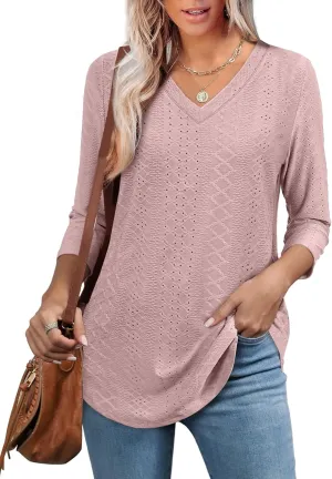 WEESO 3/4 Length Sleeve Womens Tops V Neck Casual Flowy Tunic Tops Loose Fit Blouses Curved Hem Spring Summer Outfits
