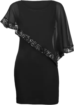 Women's Cocktail Dresses Wedding Guest Elegant Trendy Round Neck Sequin Lace Solid Color Chiffon Plus Size 2025, S-5XL
