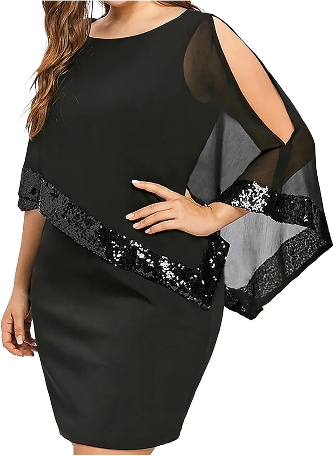 Women's Cocktail Dresses Wedding Guest Elegant Trendy Round Neck Sequin Lace Solid Color Chiffon Plus Size 2025, S-5XL