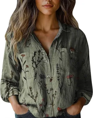 Womens Linen Button Down Shirts Retro Floral Printed V Neck Long Sleeve Blouse Collared Boho Casual Tops with Pocket