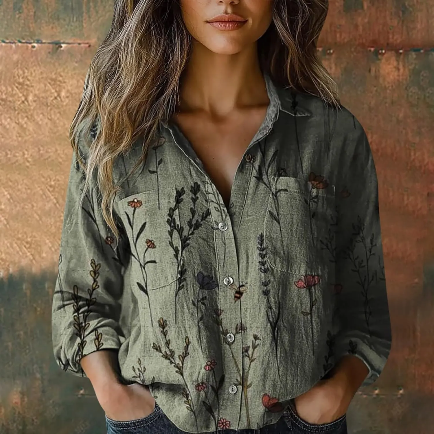 Womens Linen Button Down Shirts Retro Floral Printed V Neck Long Sleeve Blouse Collared Boho Casual Tops with Pocket