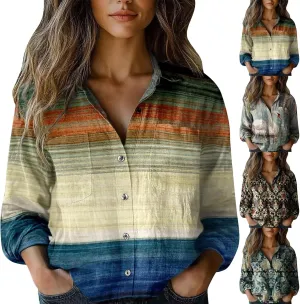 Womens Linen Button Down Shirts Retro Floral Printed V Neck Long Sleeve Blouse Collared Boho Casual Tops with Pocket