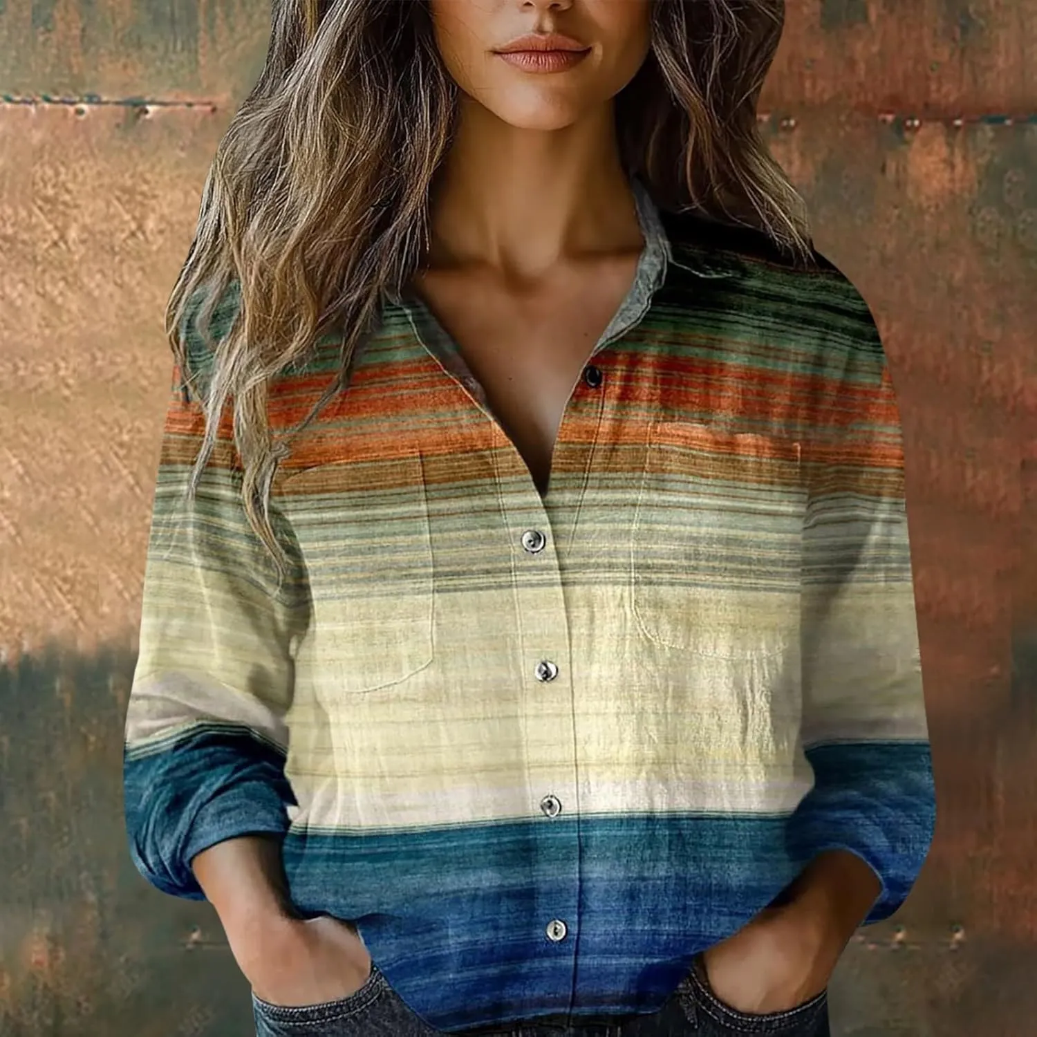 Womens Linen Button Down Shirts Retro Floral Printed V Neck Long Sleeve Blouse Collared Boho Casual Tops with Pocket