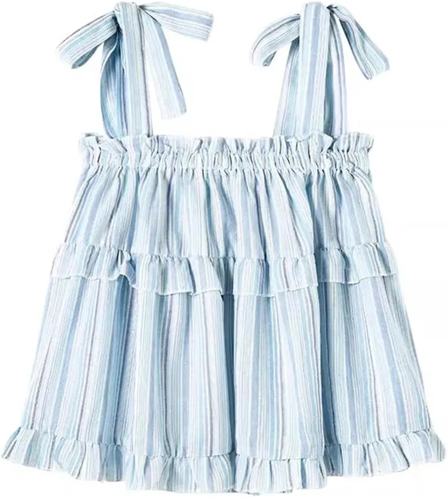 Womens Off-Sholuder Sleeveless Camisole Lace-Up Loose Striped Tank Tops Seaside Resort Style