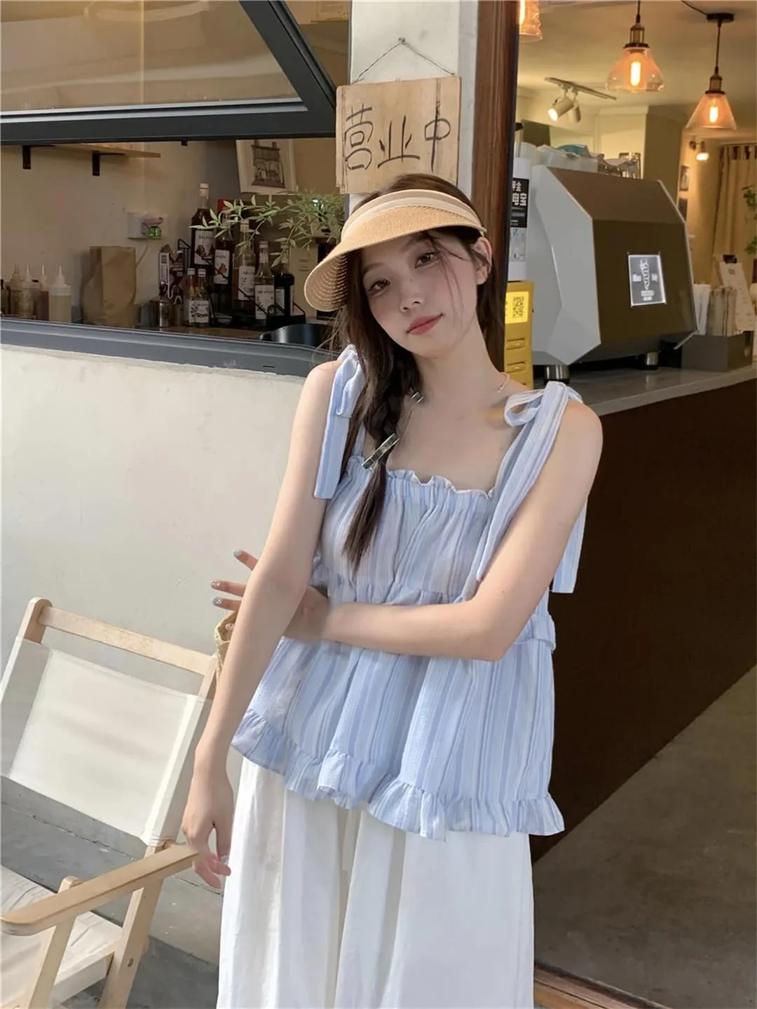 Womens Off-Sholuder Sleeveless Camisole Lace-Up Loose Striped Tank Tops Seaside Resort Style