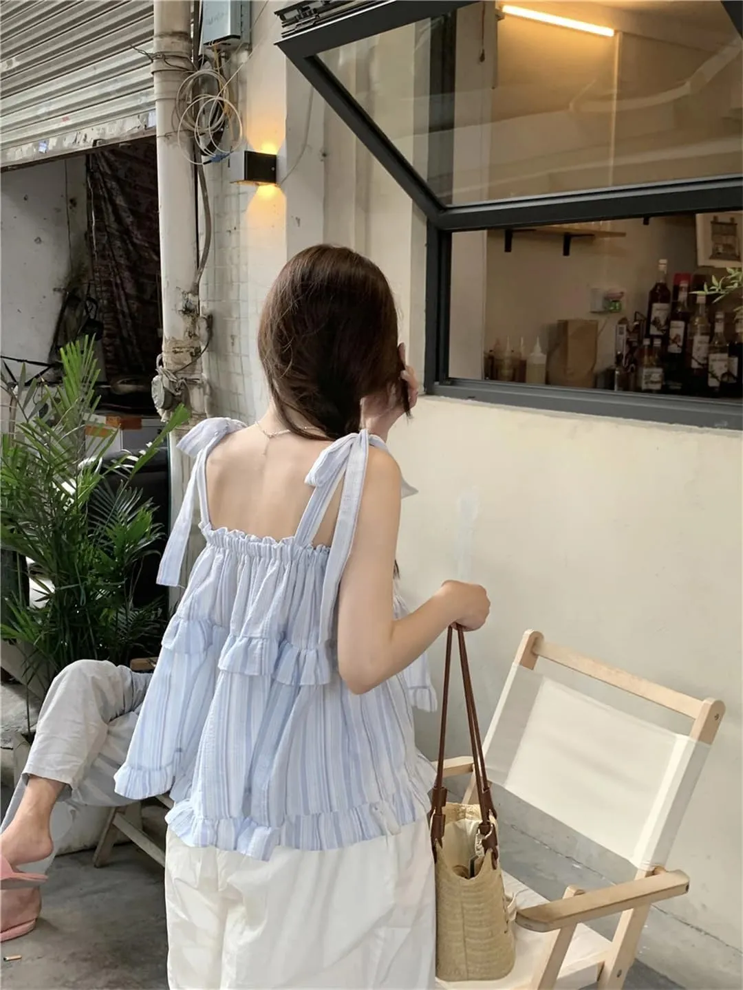 Womens Off-Sholuder Sleeveless Camisole Lace-Up Loose Striped Tank Tops Seaside Resort Style