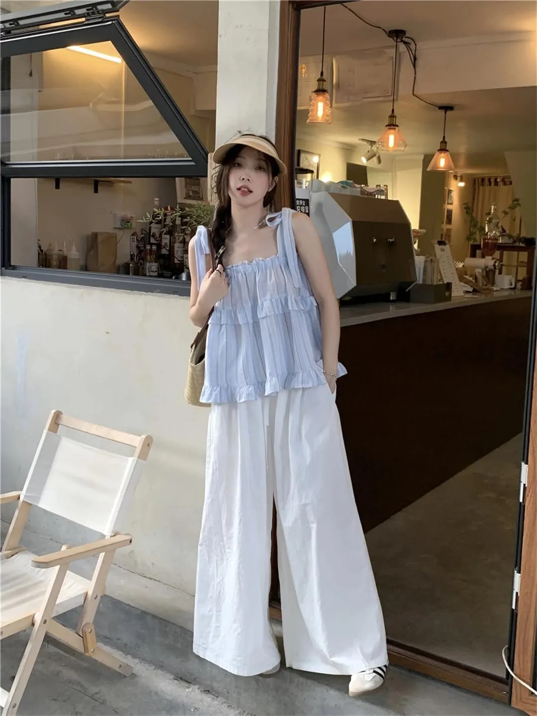 Womens Off-Sholuder Sleeveless Camisole Lace-Up Loose Striped Tank Tops Seaside Resort Style