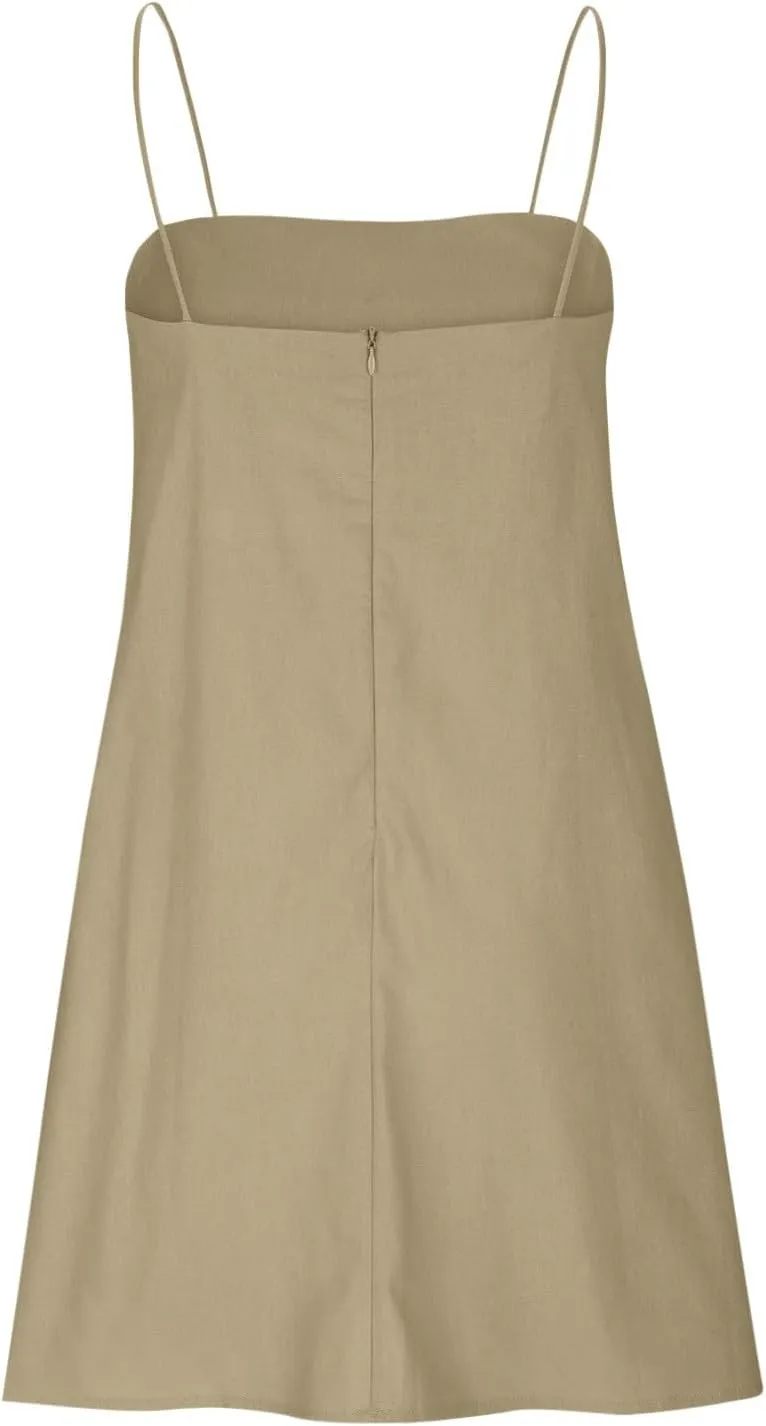 Womens Summer Sleeveless Mini Dress Cotton Linen Spaghetti Strap Sundress Square Neck Solid Beach Camisole Dress