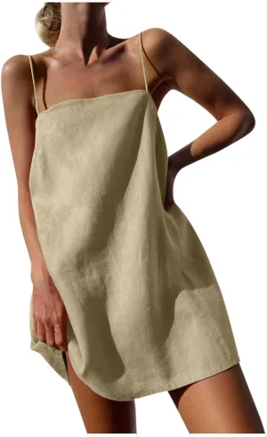 Womens Summer Sleeveless Mini Dress Cotton Linen Spaghetti Strap Sundress Square Neck Solid Beach Camisole Dress