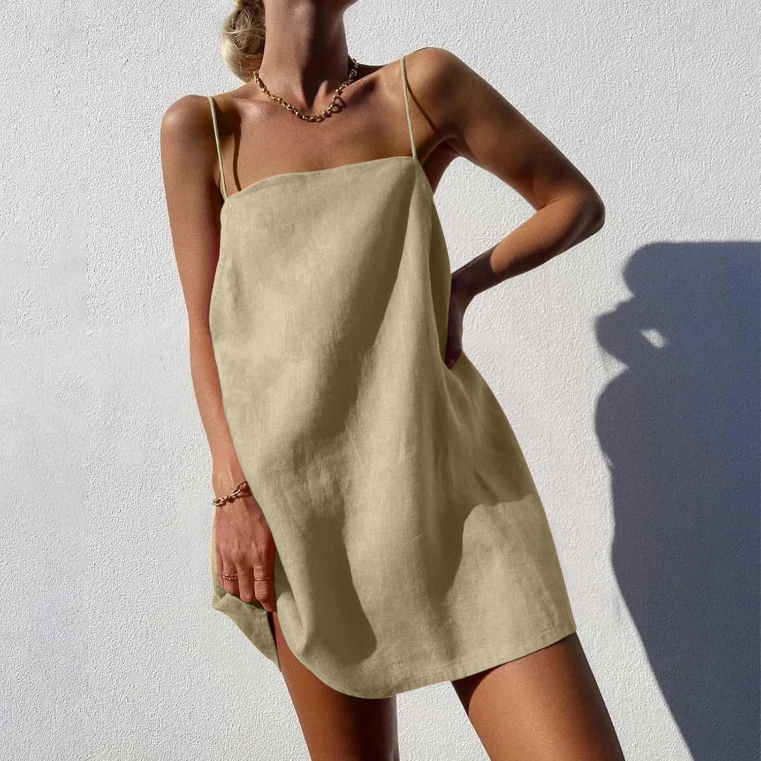 Womens Summer Sleeveless Mini Dress Cotton Linen Spaghetti Strap Sundress Square Neck Solid Beach Camisole Dress