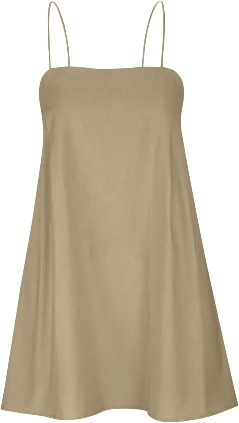 Womens Summer Sleeveless Mini Dress Cotton Linen Spaghetti Strap Sundress Square Neck Solid Beach Camisole Dress