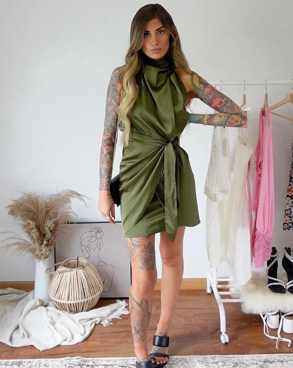 ZESICA Halter Neck Satin Bodycon Wrap Mini Dress