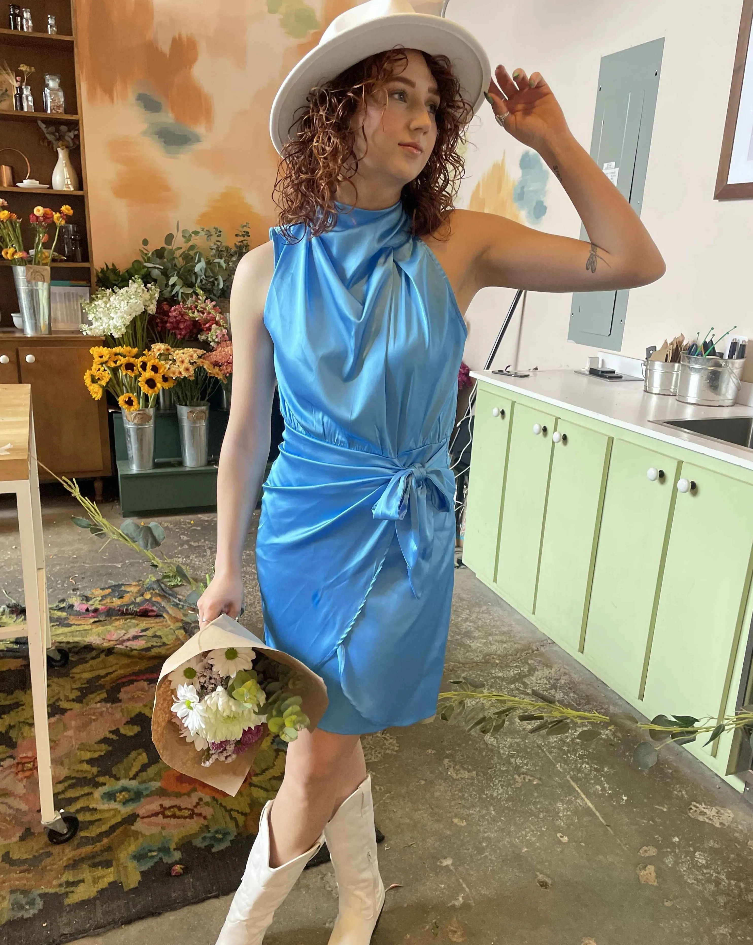 ZESICA Halter Neck Satin Bodycon Wrap Mini Dress