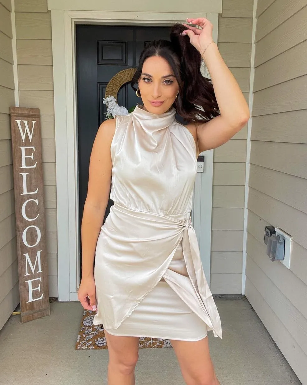 ZESICA Halter Neck Satin Bodycon Wrap Mini Dress